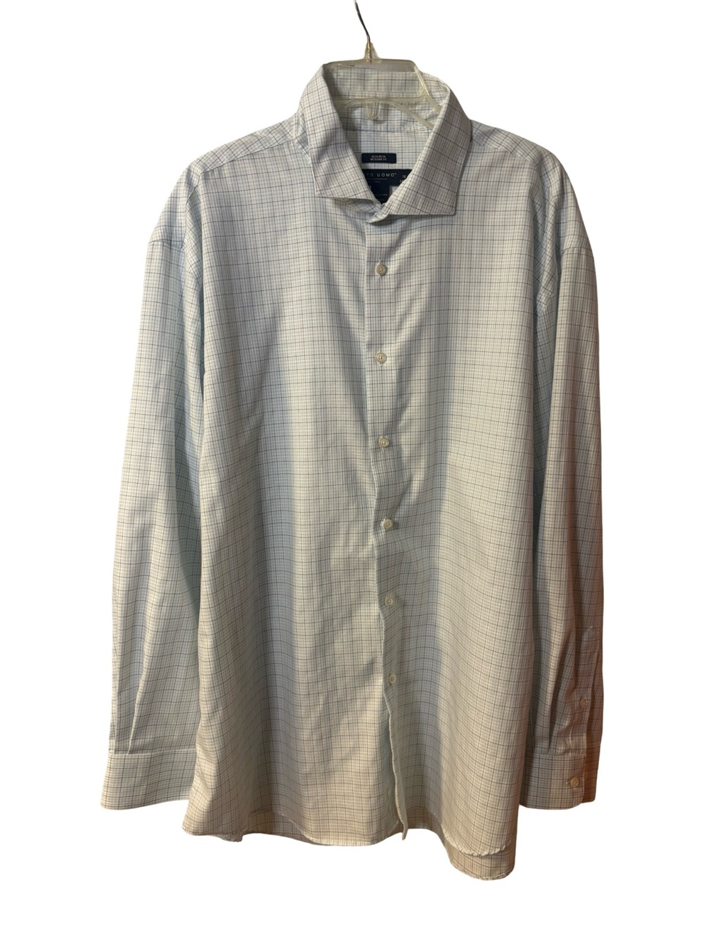 Pronto Uomo White Old Money Preppy Dress  Shirt Light Blue Windowpane Size 18